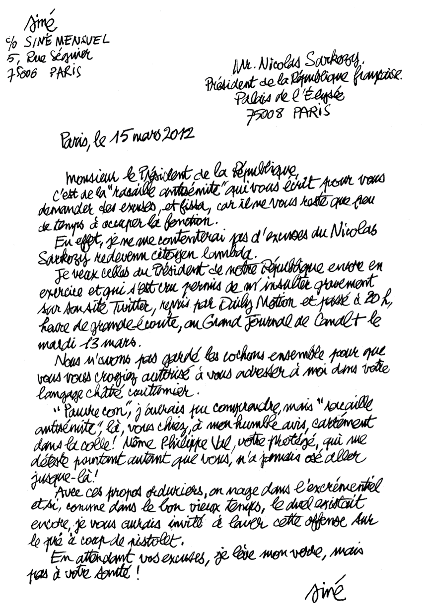 Lettre de Siné à Nicolas Sarkozy